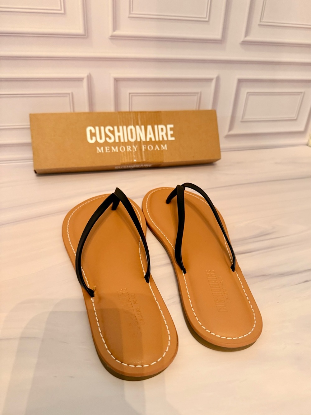 CUSHIONAIRE Tan Memory Foam Flip Flop Sandals with Black Straps